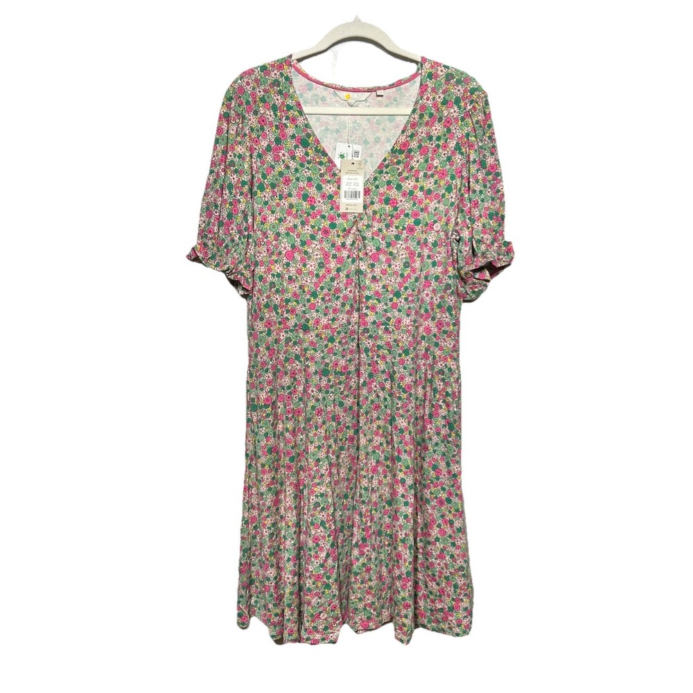 Boden Floral Mini Dress Green Pink V-Neck Short Ruffle Sleeve USA Sz 14L NWT